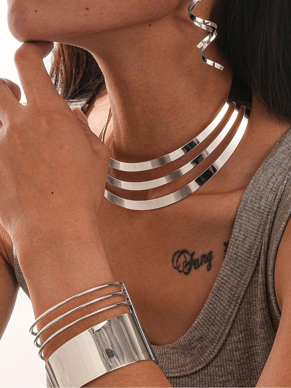 Zara Silver color Multi-Band Choker Necklace